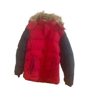 Wantdo Men's Versatile Red Puffer Jacket Size Small Faux Fur‎ Hood Trim Pockets
